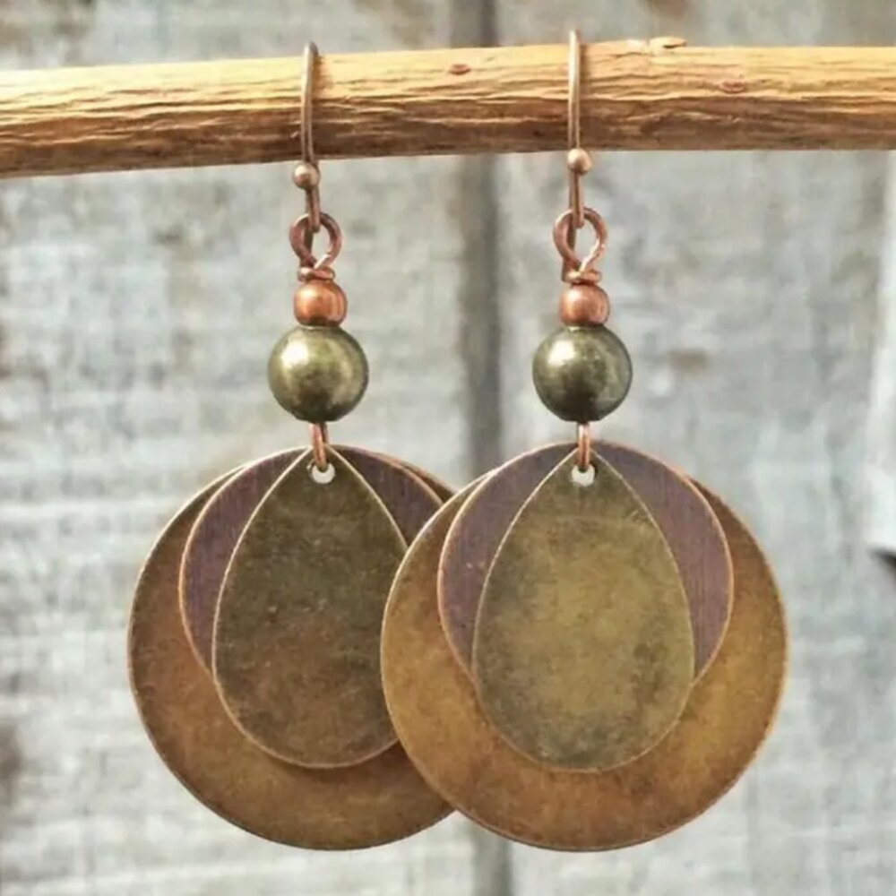 Retro Bohemian Bronze Boho Round Drop Shaped Layered Dangle Earrings